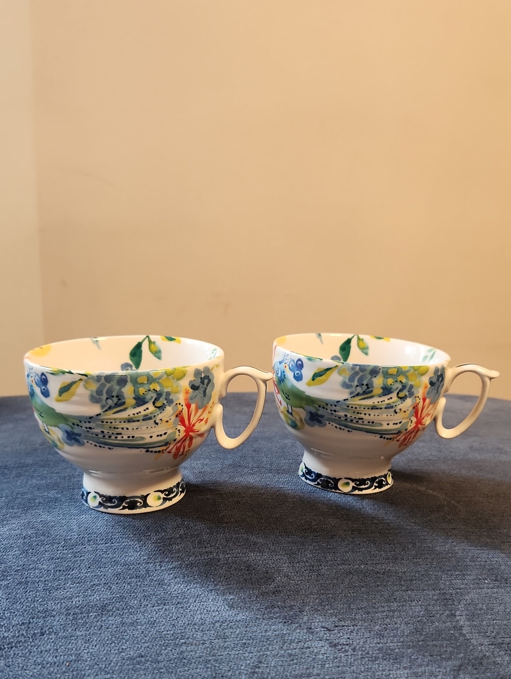 Anthropologie Dodi Peacock Boho Floral Pedestal Mugs Set Of 2